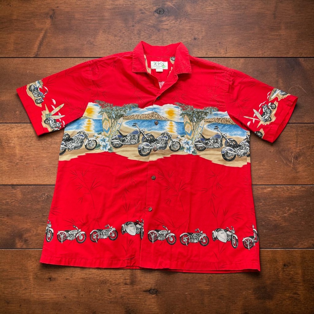 VTG Made USA KY'S Mens XL Hawaiian Shirt Red Motorcycle Surfboard Beach Scenic